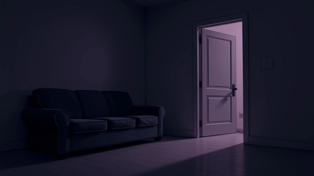 Illustration: a dim corner of an old family living room at night.