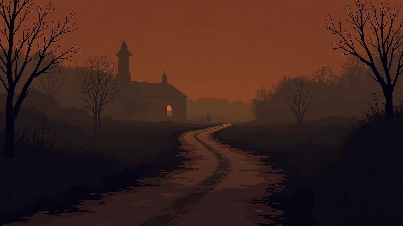 Illustration: An old dirt trail near a historic site at dusk.
