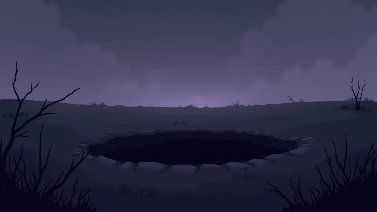 Illustration: a shallow hole dug in bare earth in an empty field at dusk.