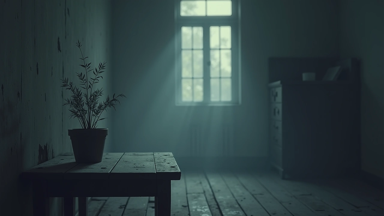 Illustration: A dusty potted plant sitting on a table inside an old, dimly lit house.