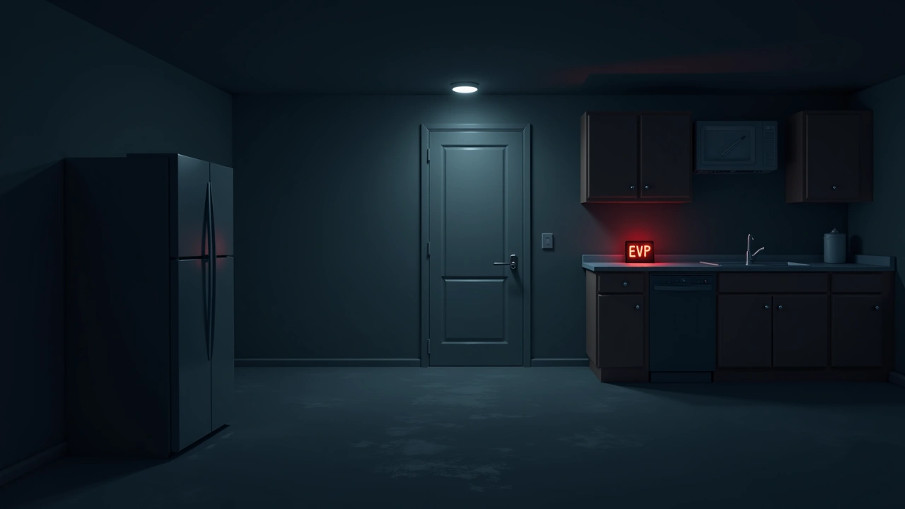 Illustration: a dim basement rec room with an EVP detector glowing red near a kitchen counter.