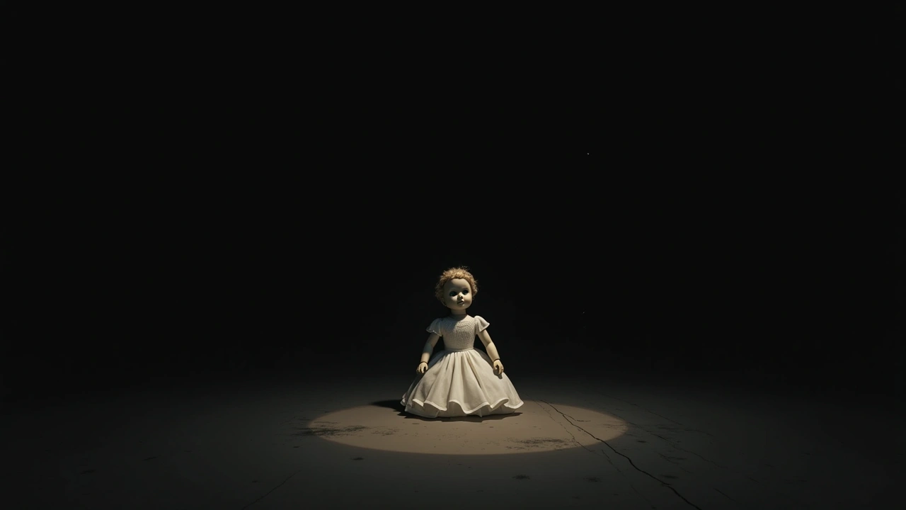 Illustration: An old porcelain doll in a white wedding dress sitting in dim light.