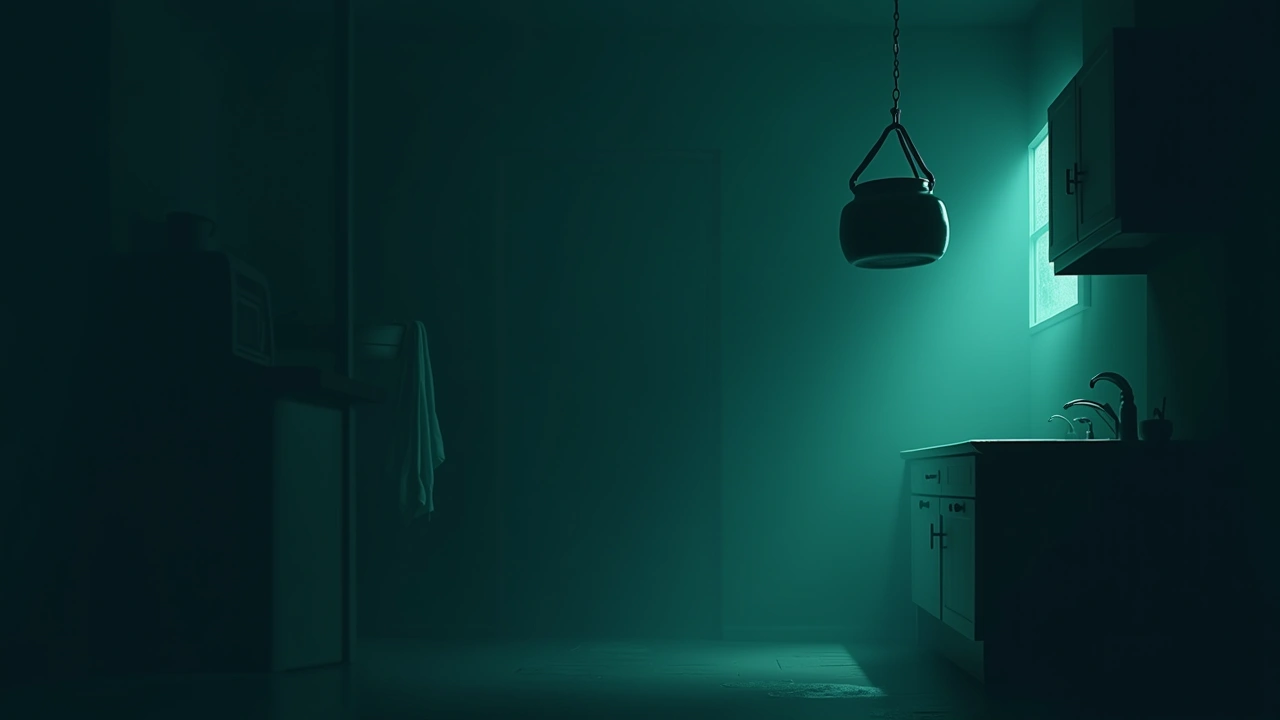 Illustration: a pot hanging in a quiet kitchen, caught mid-swing with no wind.