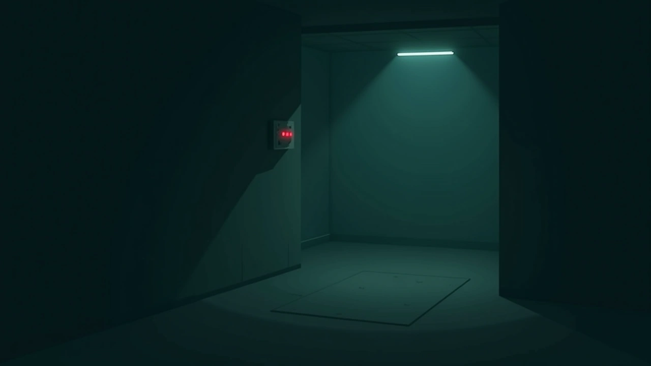 Illustration: a dim basement room with indicator bars glowing solid red in the dark.