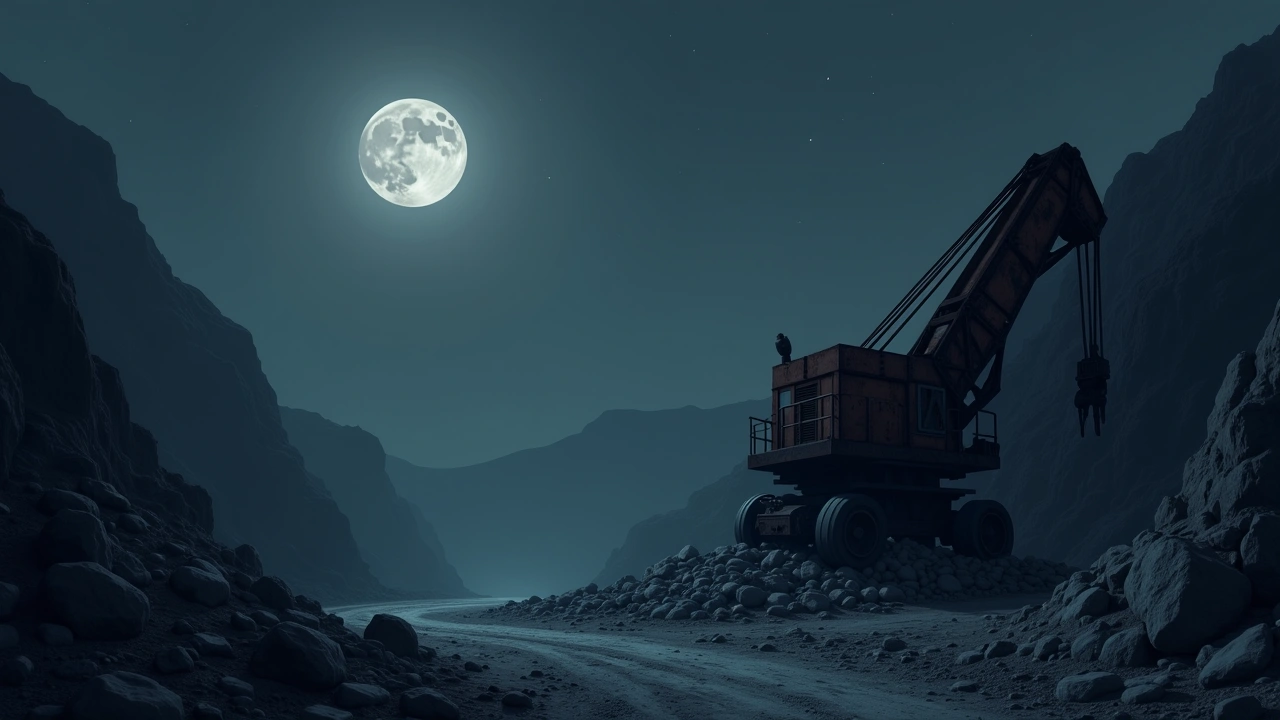 Illustration: a moonlit abandoned stone quarry at night, a rusted rock crusher looming in the dark.