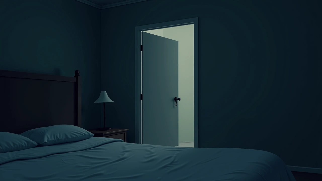 Illustration: A dim bedroom doorway seen from a bed at night, the entrance barely lit.