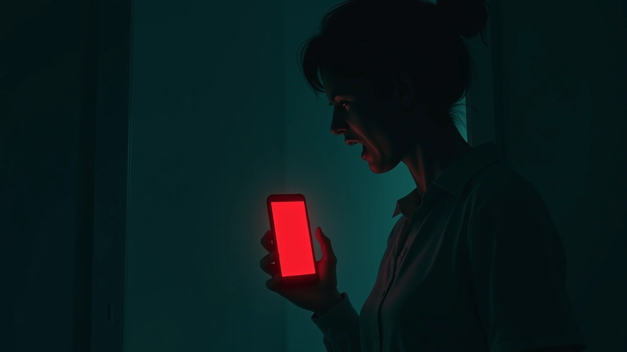 Illustration: A phone screen glowing red with a rainbow-edged glitch, held in a dim room.