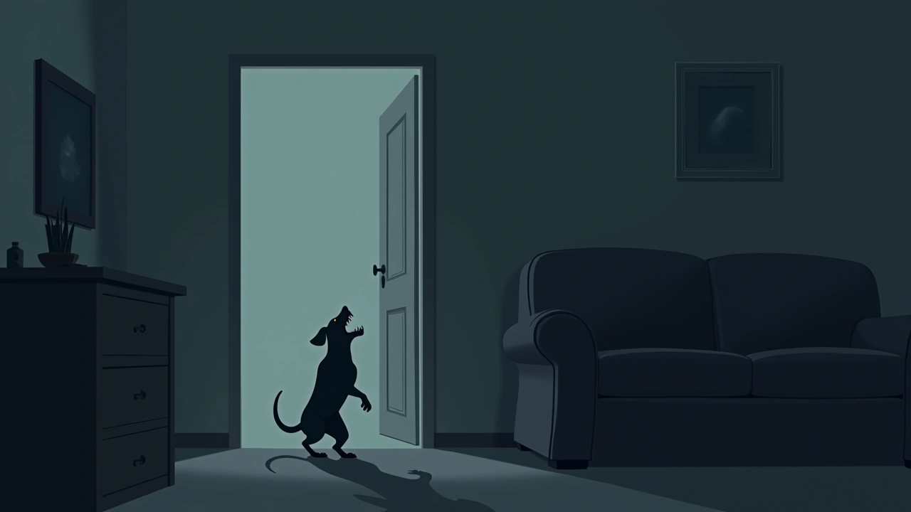 Illustration: a dog growling and baring its teeth at a closed door in a dim living room at night.
