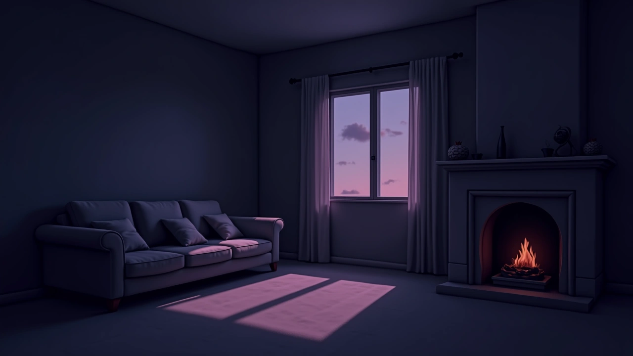 Illustration: a quiet, dimly lit living room during a house blessing ritual.