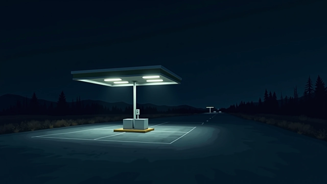 Illustration: a deserted highway rest stop at night, empty parking area under a dim light.