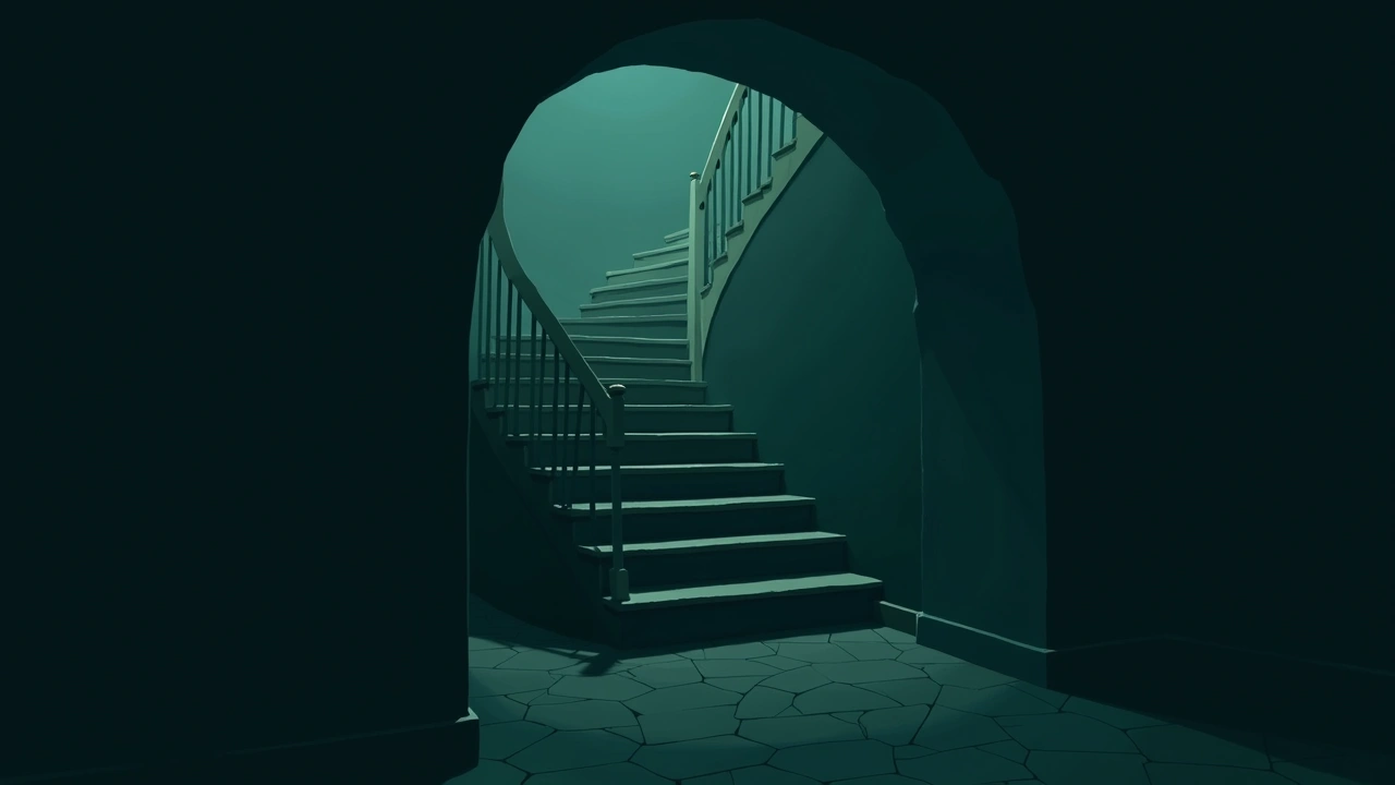 Illustration: A pine staircase inside a monastery, seen at night through a bedroom window.