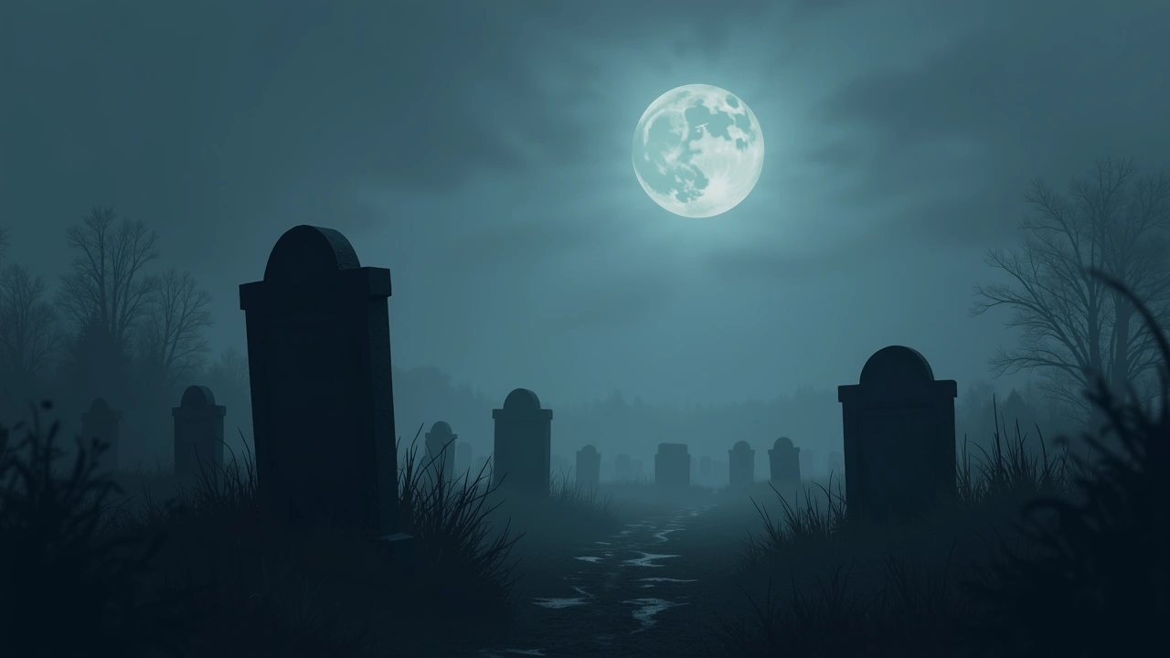 Illustration: An old overgrown cemetery at dusk, weathered headstones half-swallowed by fog.