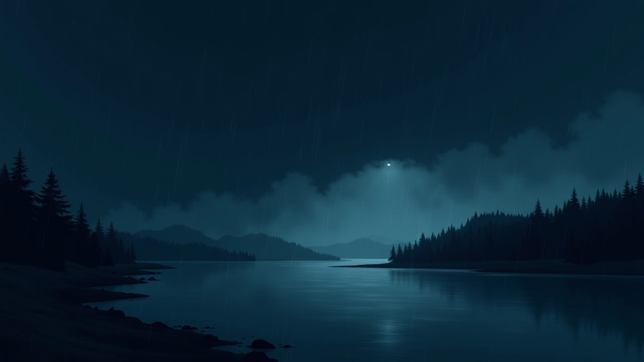 Illustration: a wide river under darkening storm clouds, rain beginning to pock the water.