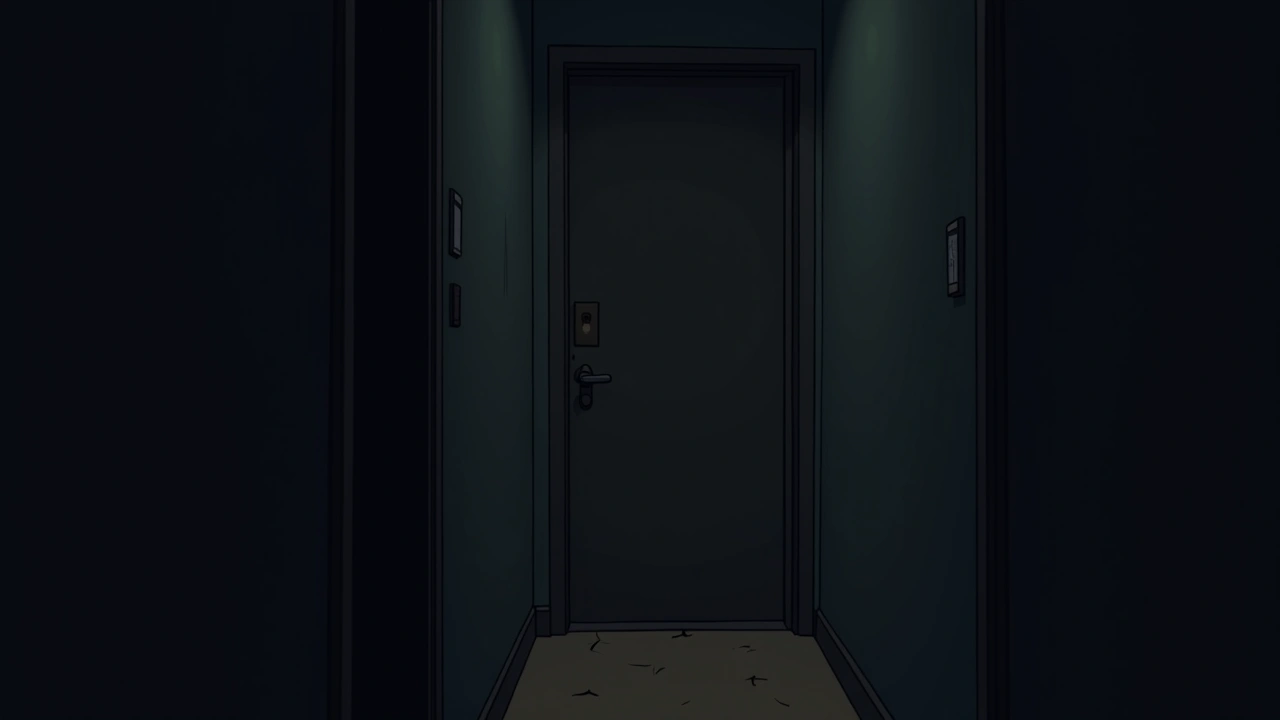 Illustration: a closed bedroom door in a dim apartment hallway.