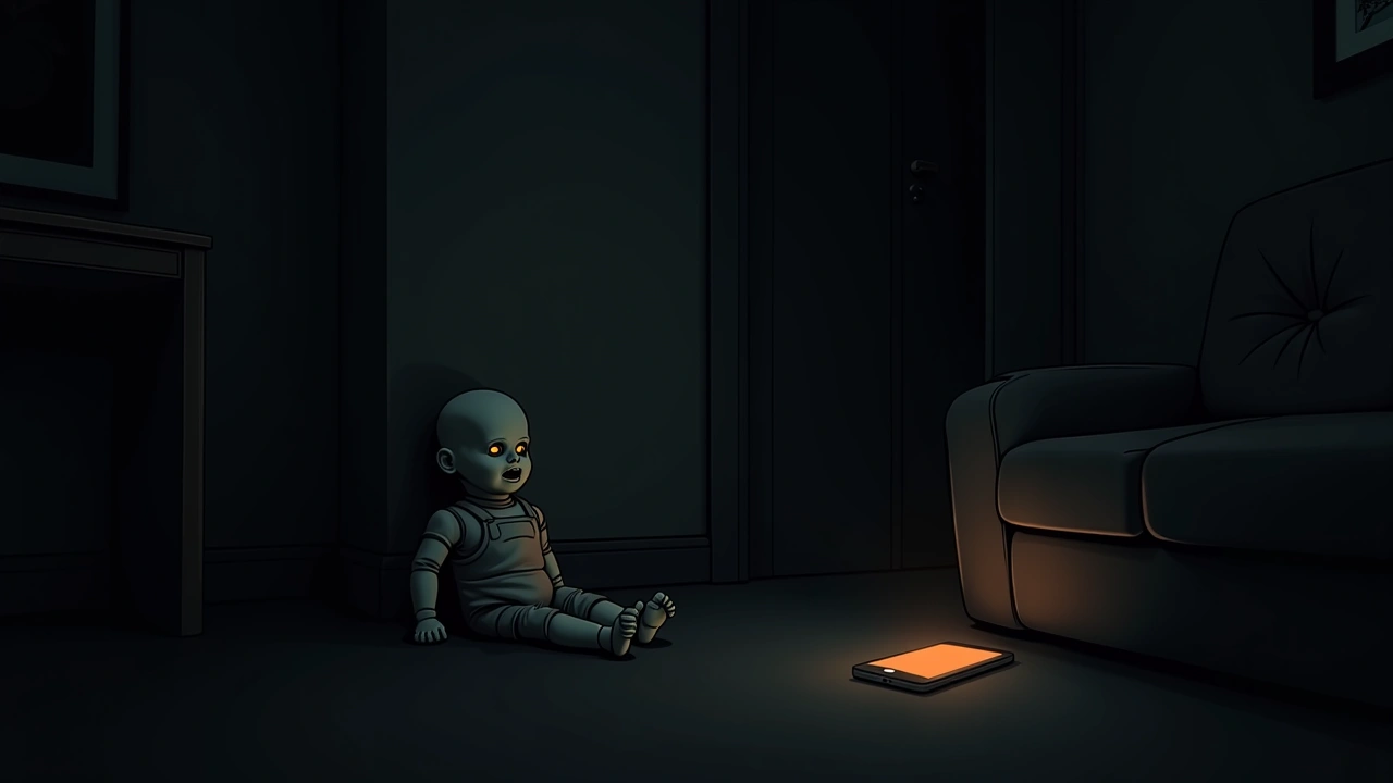 Illustration: an old doll sitting in a dim living room, a phone screen glowing nearby.