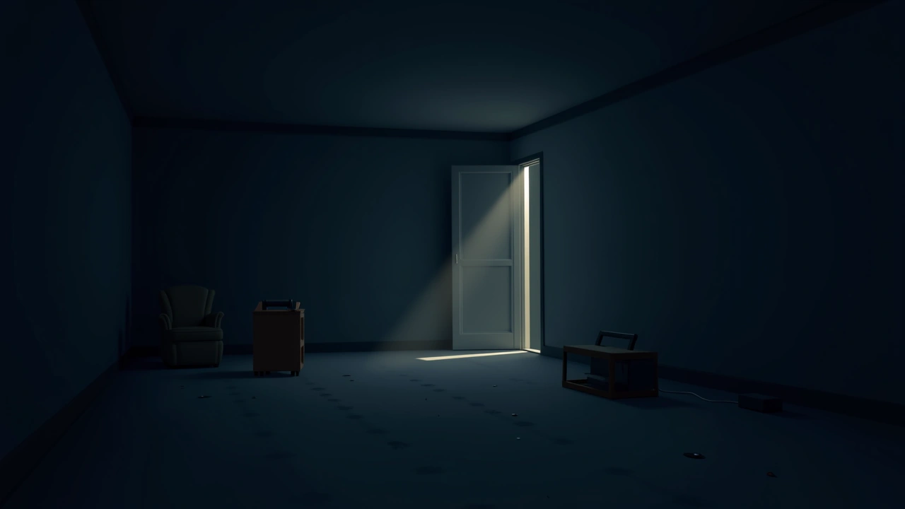 Illustration: a dim, still room during a nighttime investigation, equipment resting quietly in the dark.