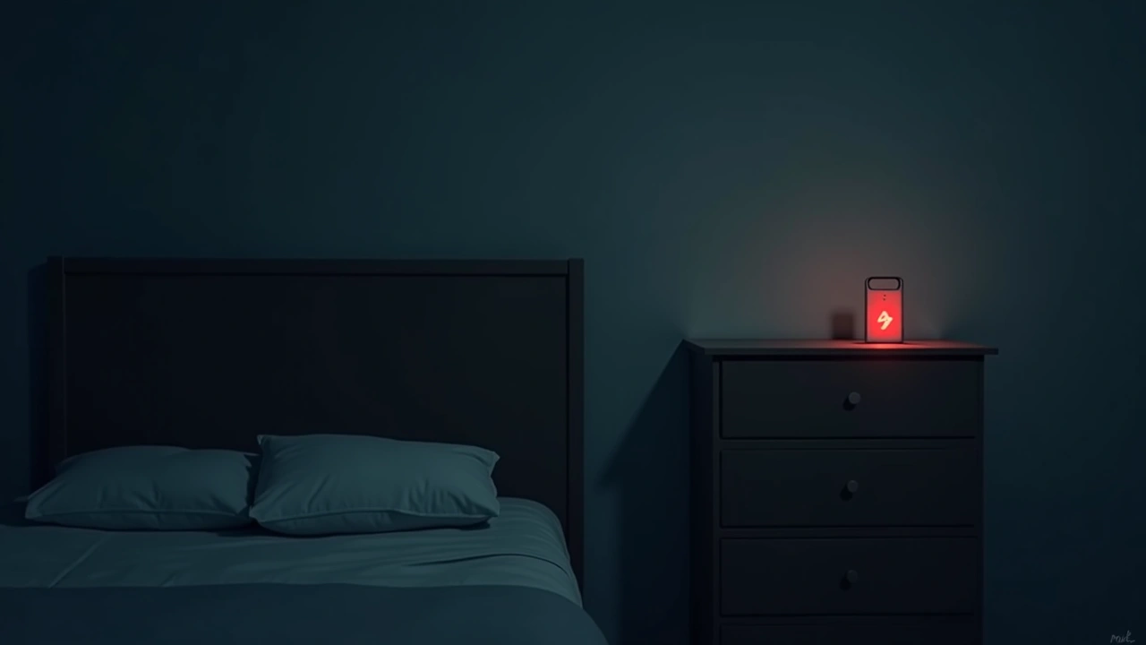 Illustration: A dim bedroom at night, red warning lights glowing from a small handheld device on a dresser, shadows deepening in the corners.