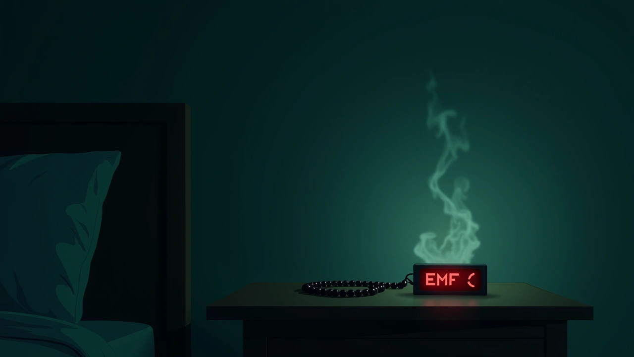 Illustration: A rosary resting on a nightstand beside a glowing red EMF meter in a dim room.