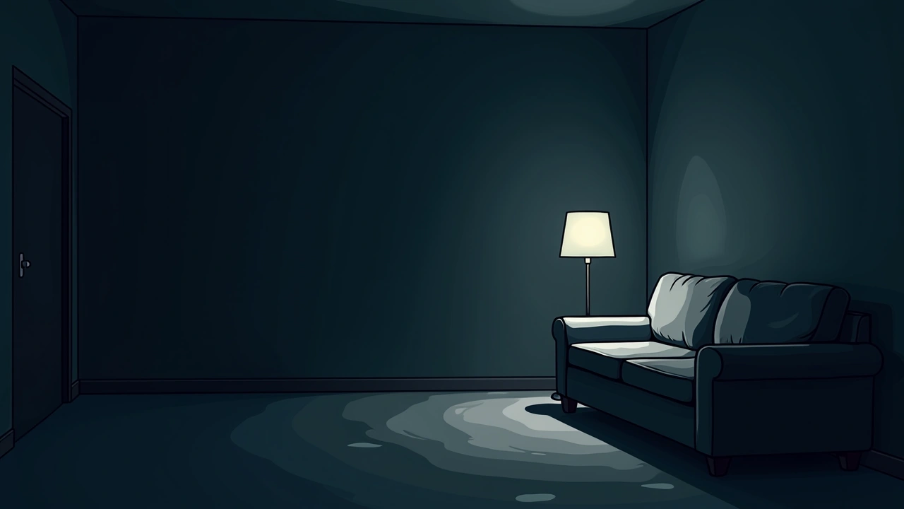Illustration: a bare corner of a living room at night lit by a single lamp.