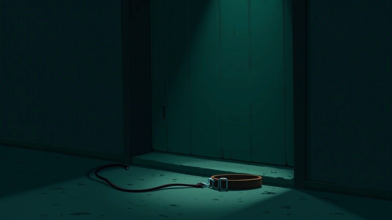 Illustration: a dog's collar and leash resting by a front door.