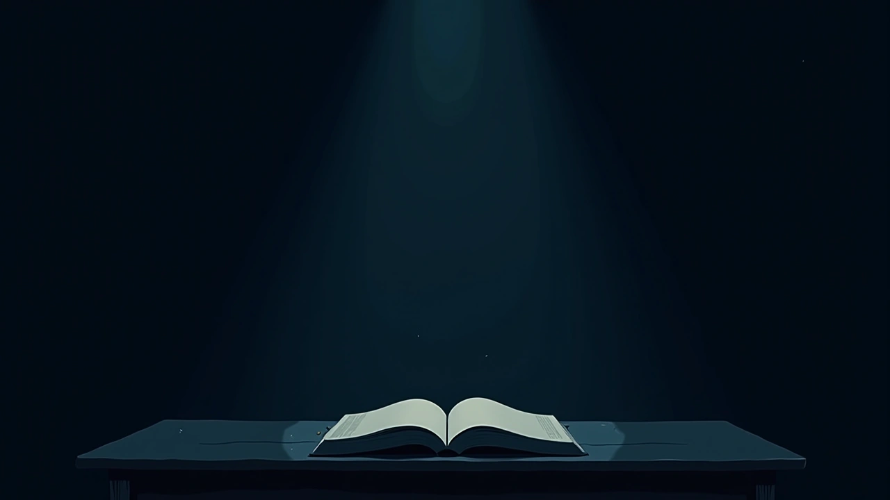 Illustration: an open book lying on a table in a dim room.