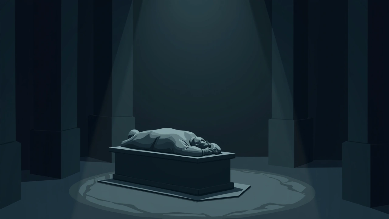 Illustration: A dim museum exhibit hall with a large stone sarcophagus.