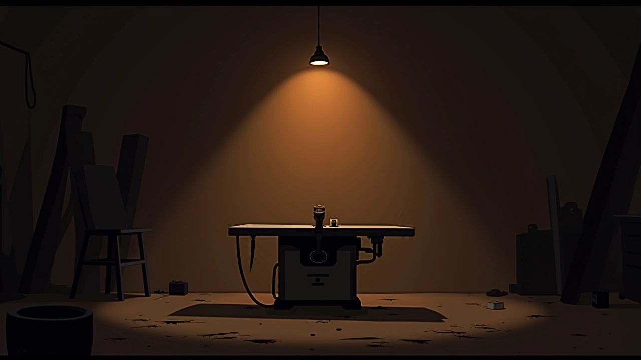 Illustration: a dimly lit home workshop at night, a table saw sitting silent under a single hanging bulb.