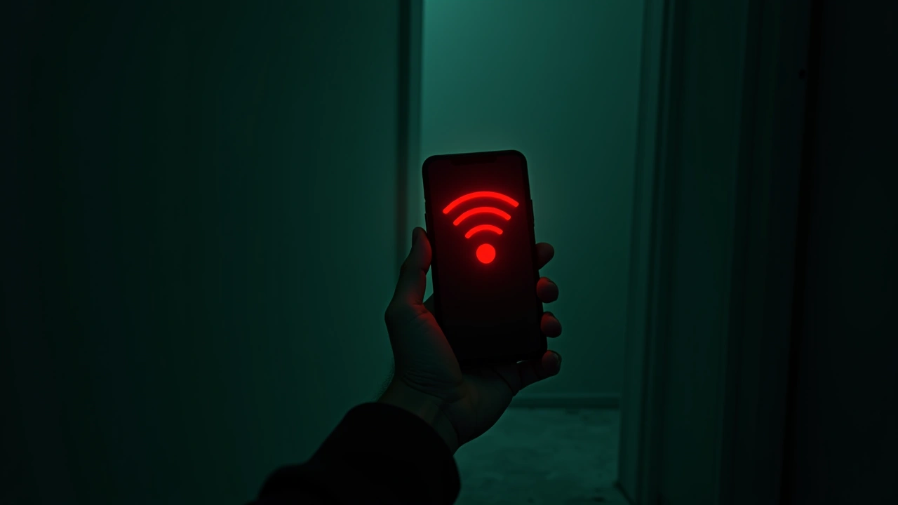 Illustration: A phone with all its signal bars glowing red, held in a dim room.