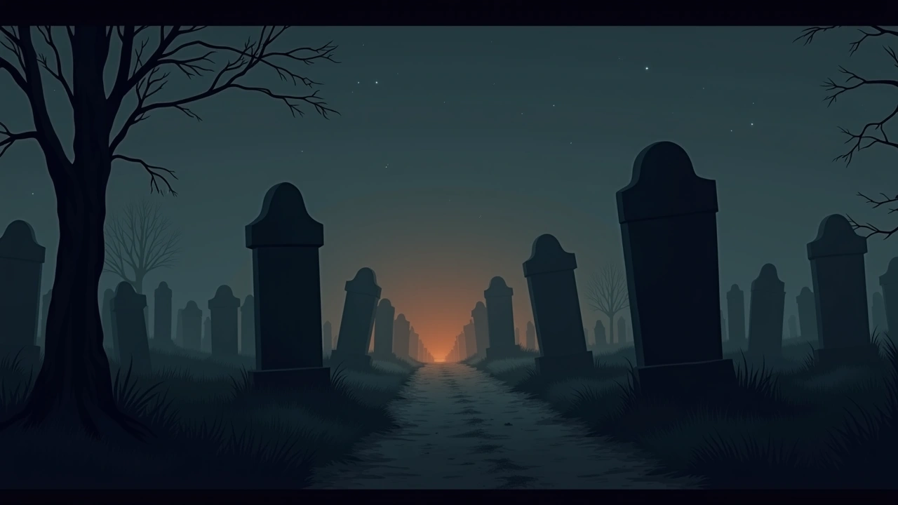Illustration: a small village cemetery at dusk with leaning headstones.