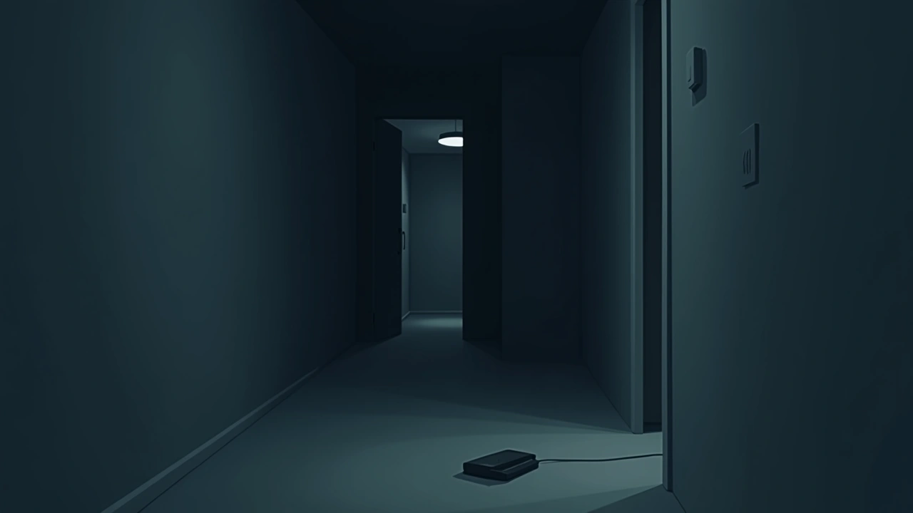 Illustration: a dim hallway at night, a phone resting near an open doorway.