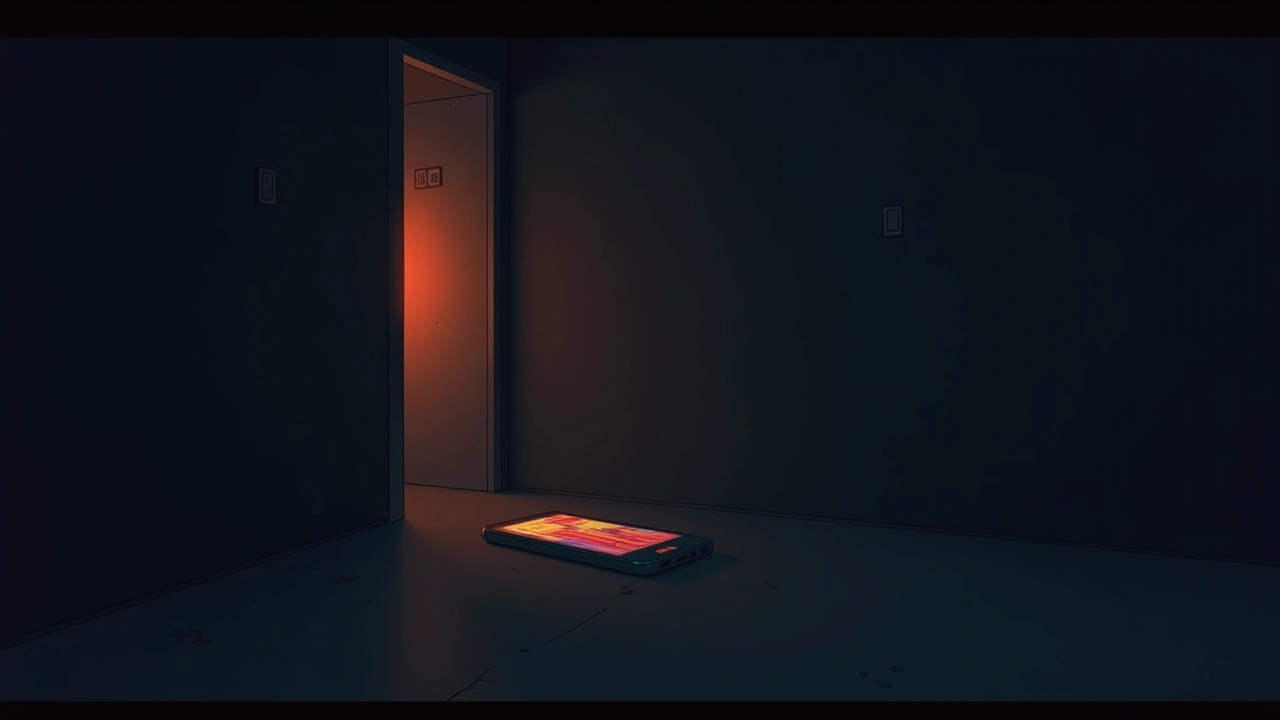 Illustration: A phone screen glitching with rainbow static in a dark room.