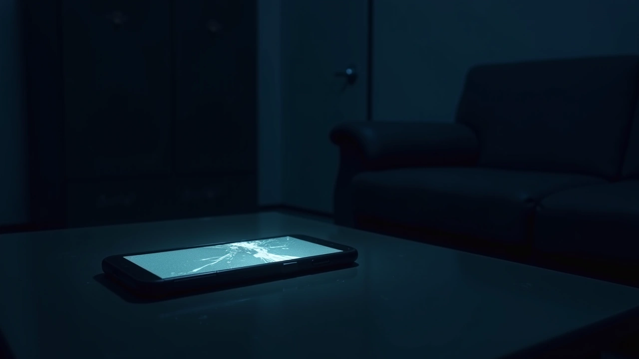 Illustration: a smartphone lying on a table, its screen showing a warped funhouse-mirror distortion, in a dim living room.