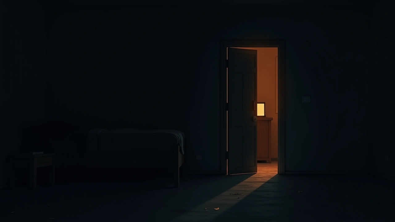 Illustration: a dim bedroom doorway at night, a phone screen glowing in the dark.