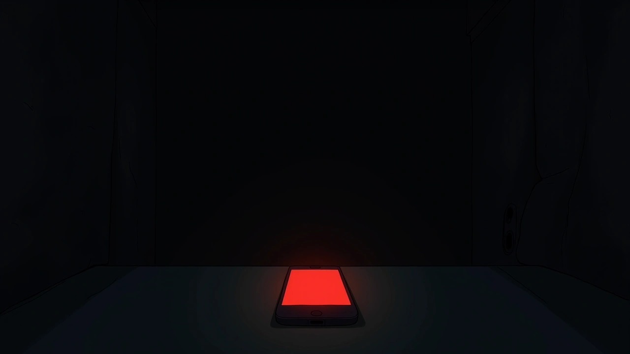 Illustration: a phone screen glowing red in a dark, quiet room.