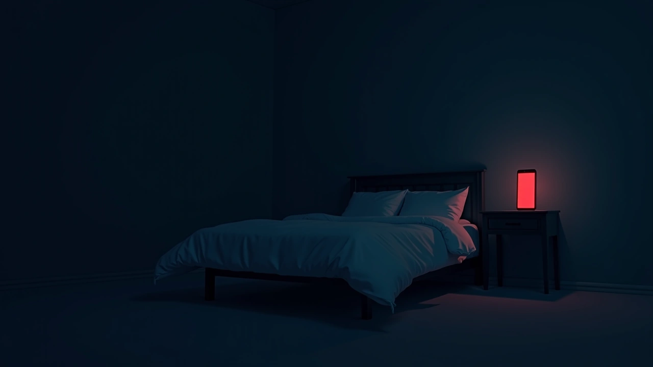 Illustration: a dim bedroom at night with a phone screen glowing red on a nightstand.