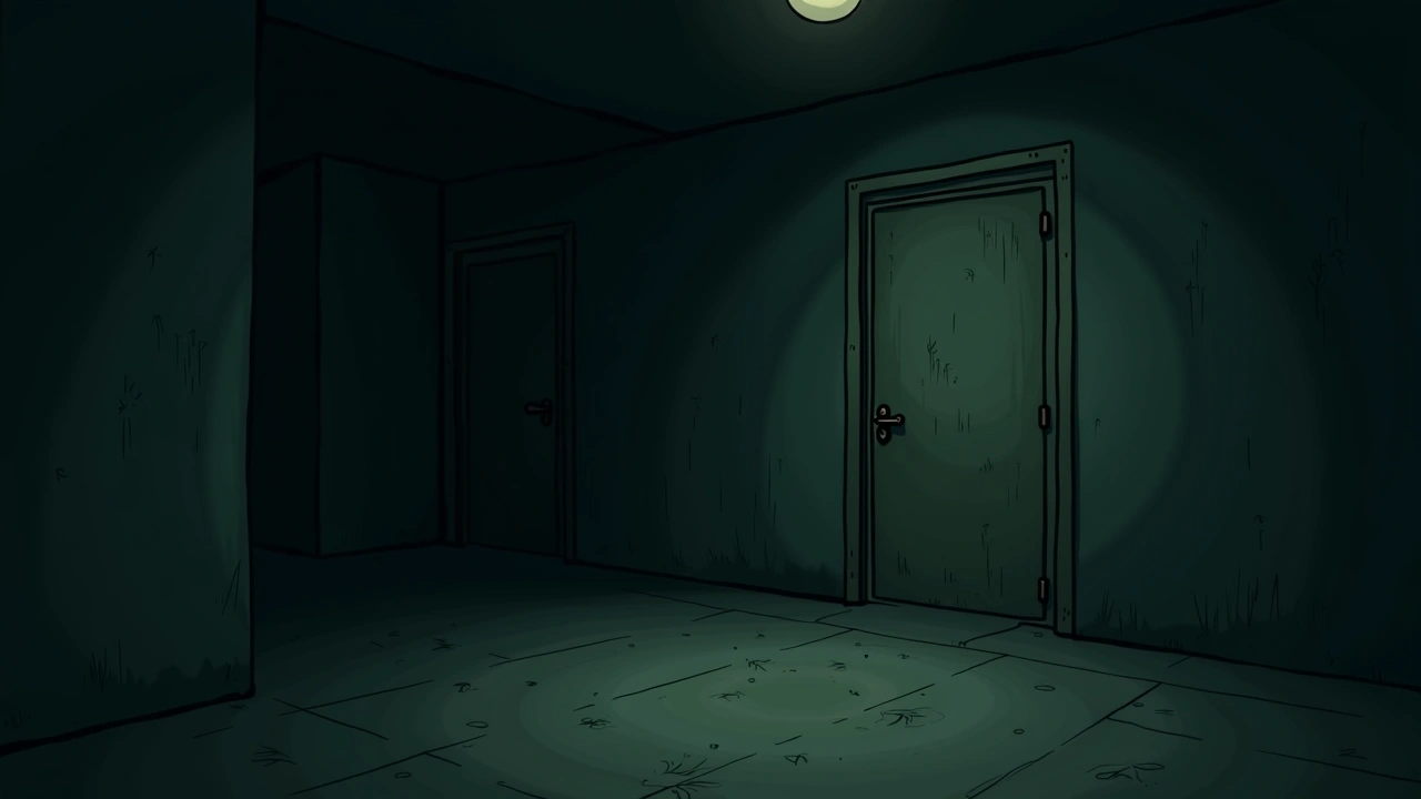 Illustration: the dim basement of an old building with sealed, disused furnace doors in the shadows.