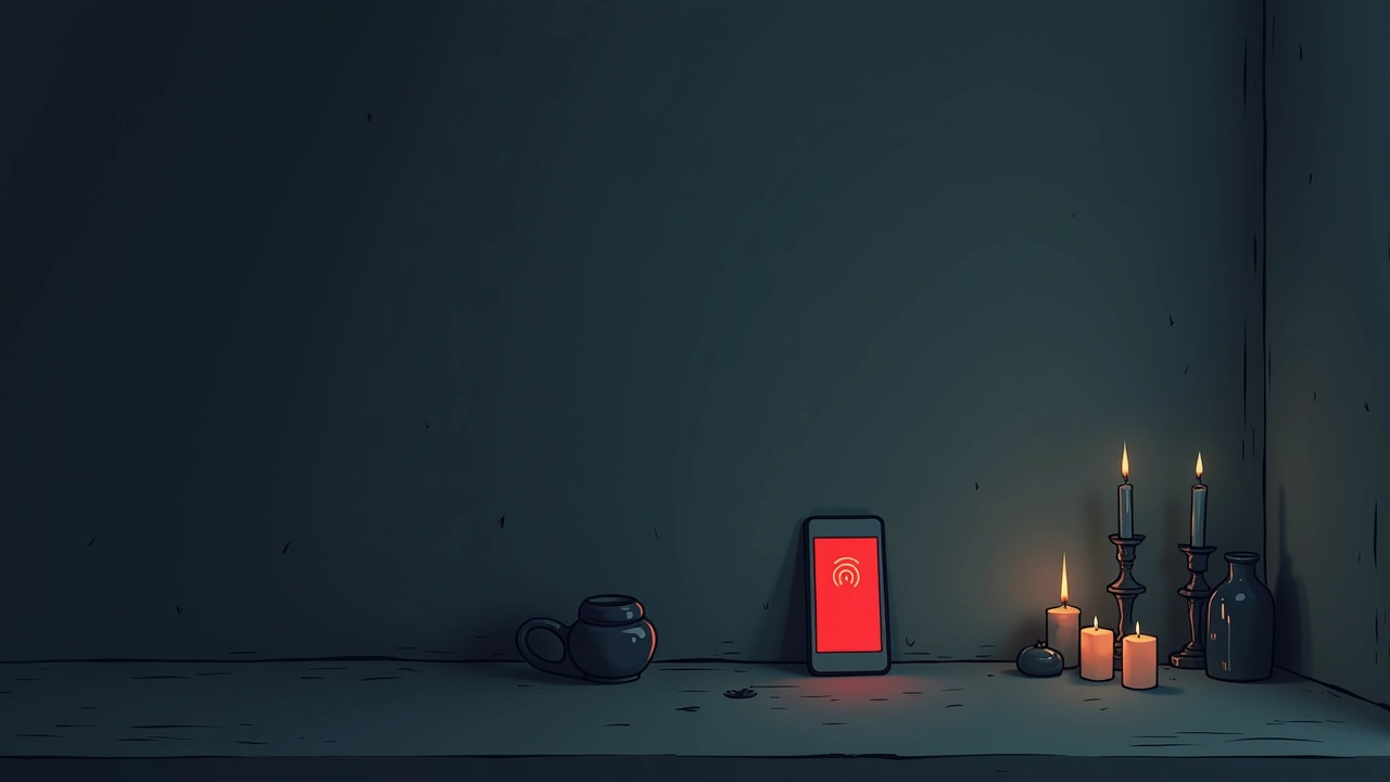Illustration: a dim room lined with occult objects and candles, a phone screen glowing red with rising signal bars.