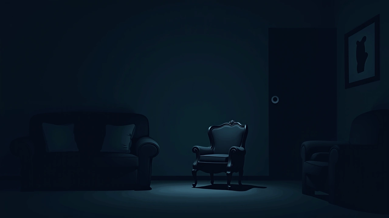 Illustration: an empty armchair in a dim living room.