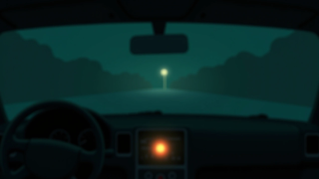 Illustration: the interior of a car at night, a seatbelt warning light glowing on the dashboard.