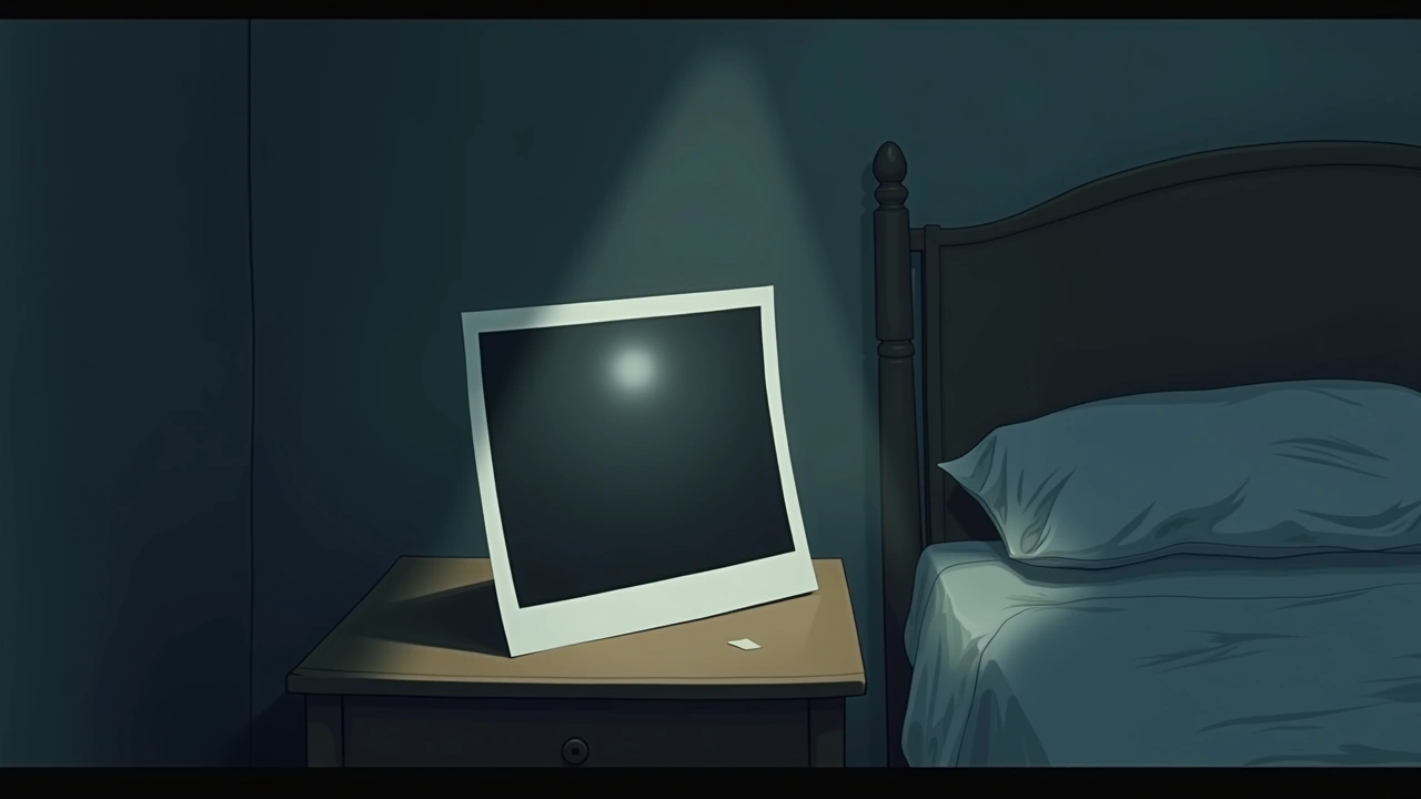 Illustration: a printed photograph propped on a nightstand, an unexplained dark shadow across part of the image, dim bedroom light.