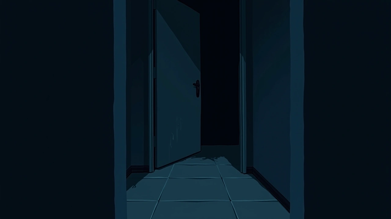 Illustration: a dark upstairs hallway at night with an open bathroom door and a band of light across the tiled wall.