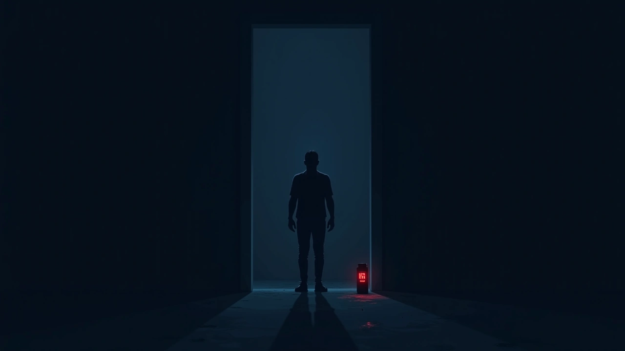 Illustration: a faint human silhouette outlined by an SLS camera against a dark room, an EMF meter glowing red nearby.