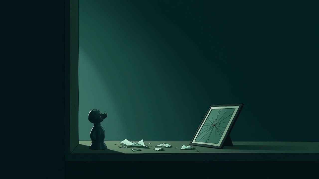 Illustration: A broken glass figurine and a cracked photograph on a shelf in a dim room.