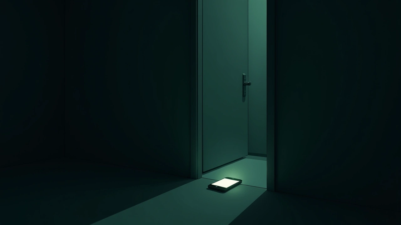 Illustration: a smartphone glowing in a dim hallway near a closed bathroom door.
