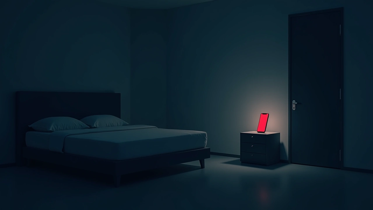 Illustration: a dim bedroom at night, a phone screen glowing red on a nightstand.