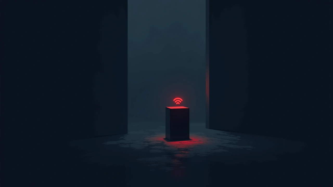 Illustration: A smartphone screen glowing red in a dark room, signal bars climbing.