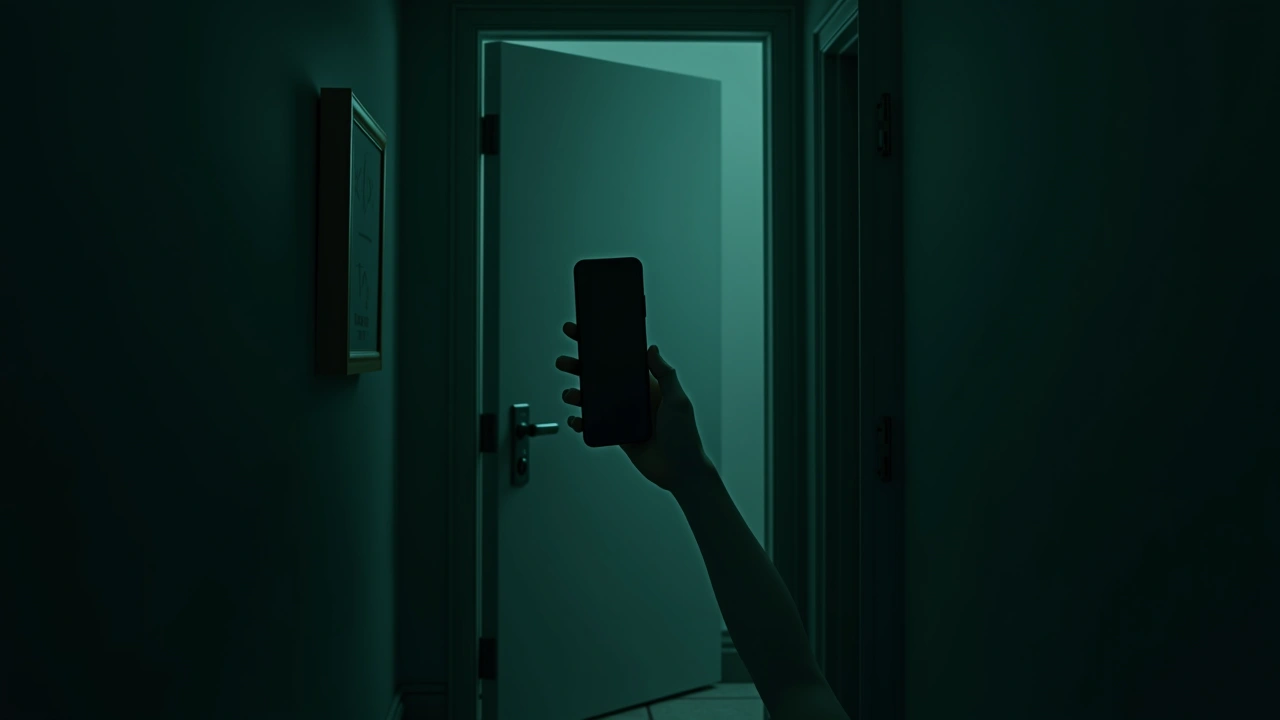 Illustration: A phone held against a closed bathroom door in a dim hallway.