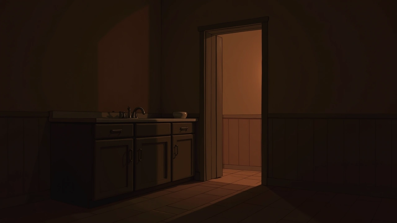 Illustration: a dim kitchen sink cabinet with a faint shadowy shape lingering nearby.