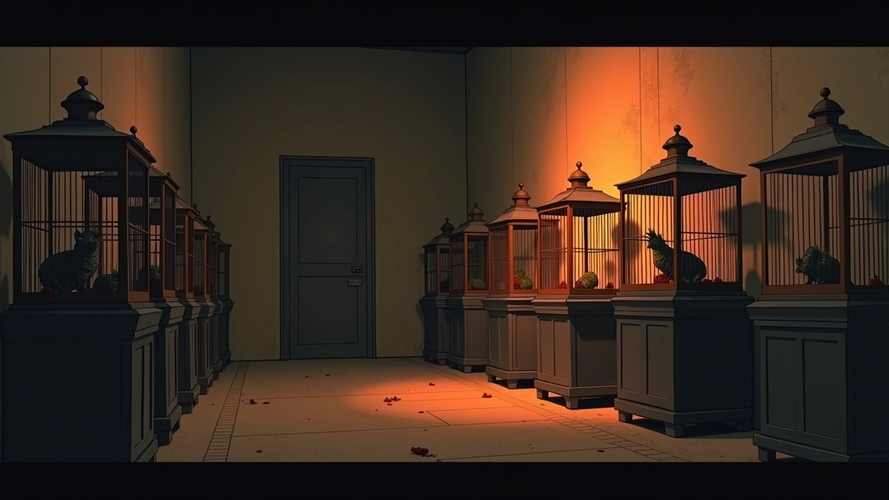 Illustration: a dim room lined with terrariums and cages along the wall.