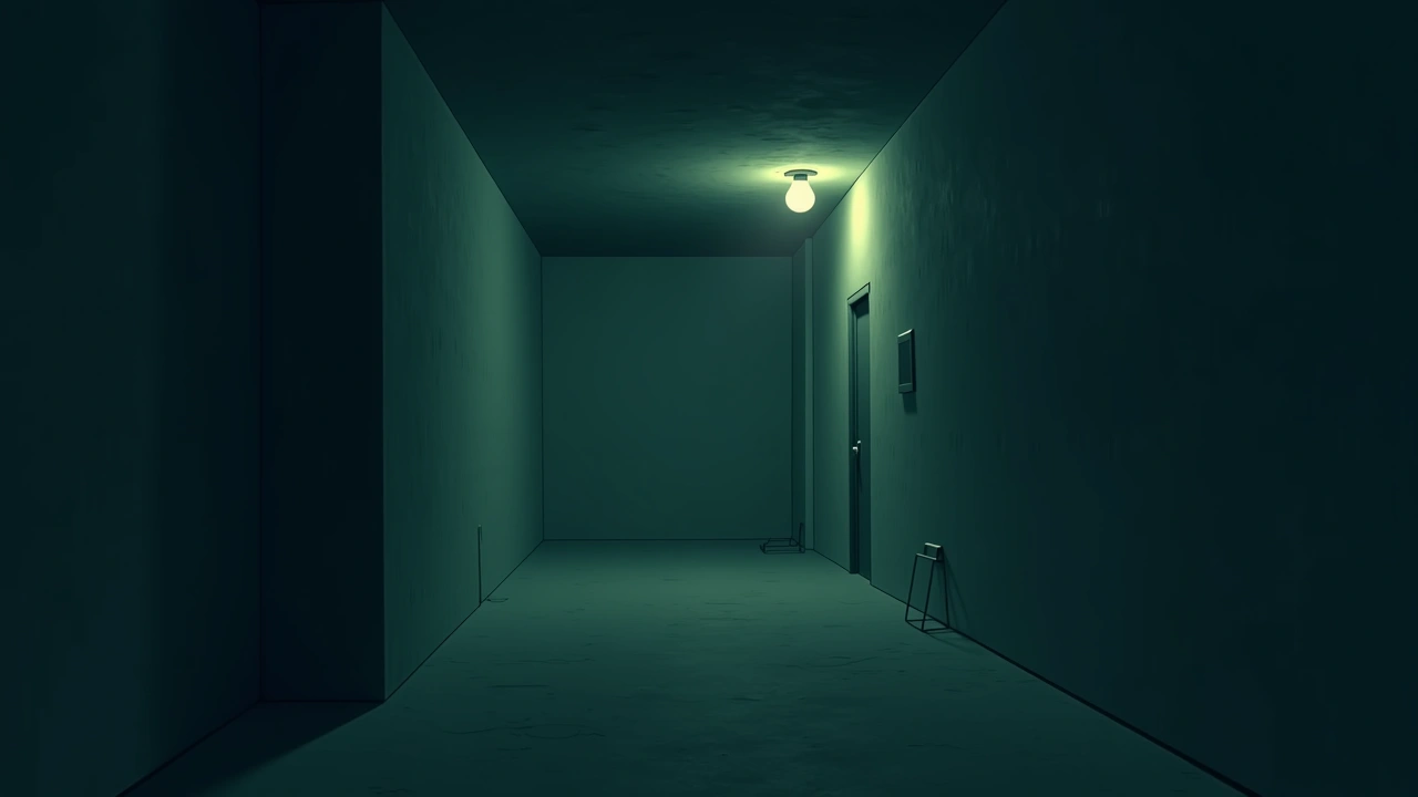Illustration: a dim unfinished basement with a low ceiling and a single bare bulb.